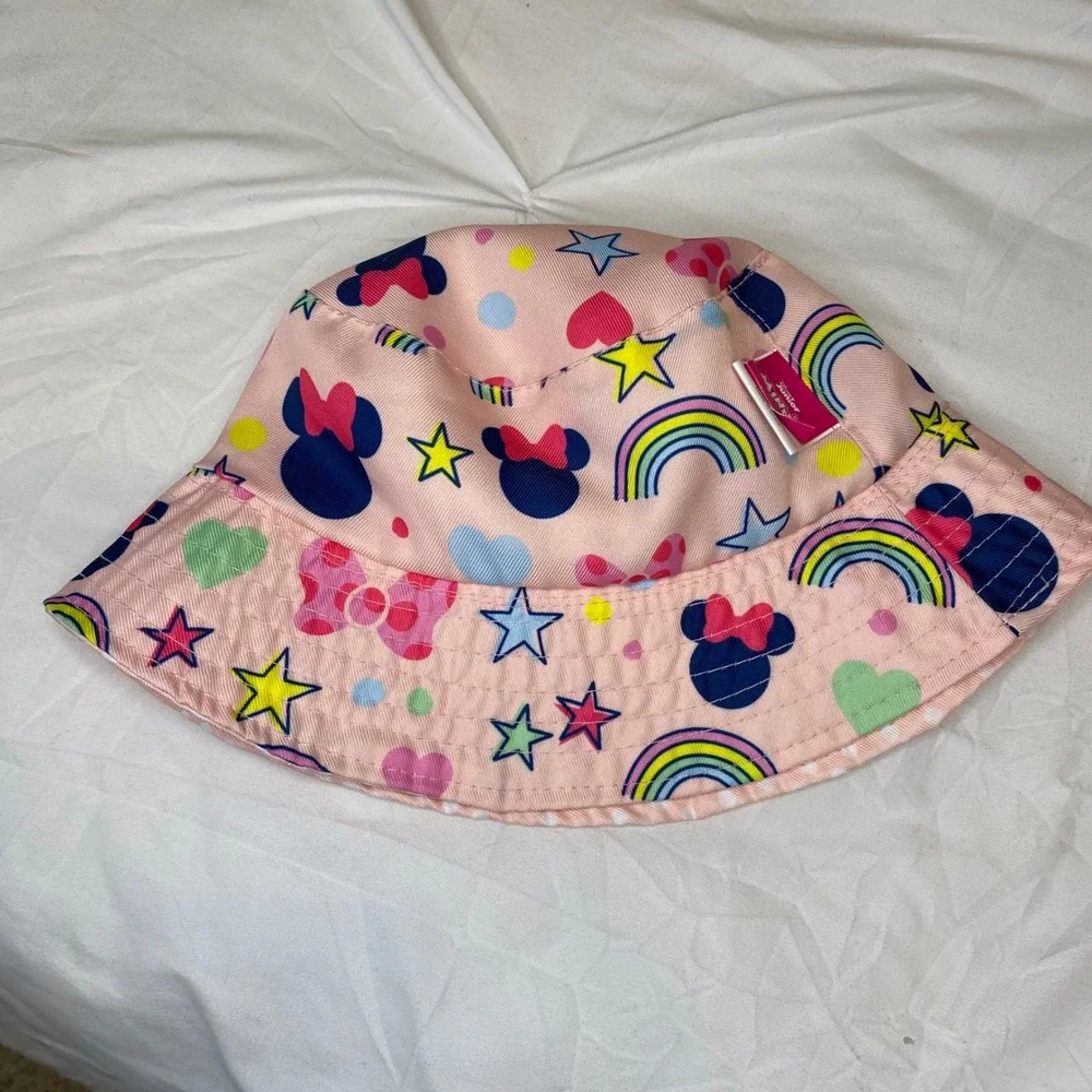 Disney Minnie Mouse Reversible Bucket‎ Hat Girls One Size Pink Rainbow Polka Dot